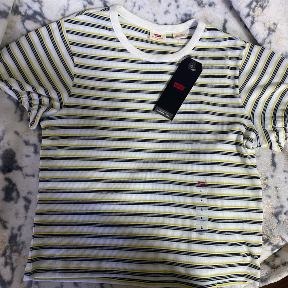 Levi's Striped Crop Baby Tee in White, Yellow, Blue